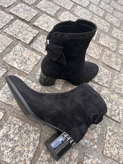Loretta Vitale C96104 Black Suede Block Heel Boots with Diamonte Top Trim & Bow