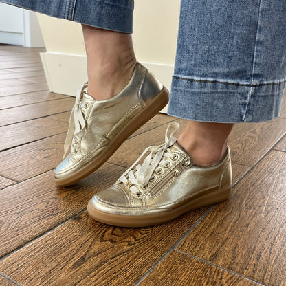 Caprice 9-23706-44-959 Platinum Gold Metallic Lace Trainers with Zip