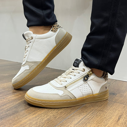 Mustang 1511-301-203 Ice White, Beige & Leopard Heel Trainers with Zip