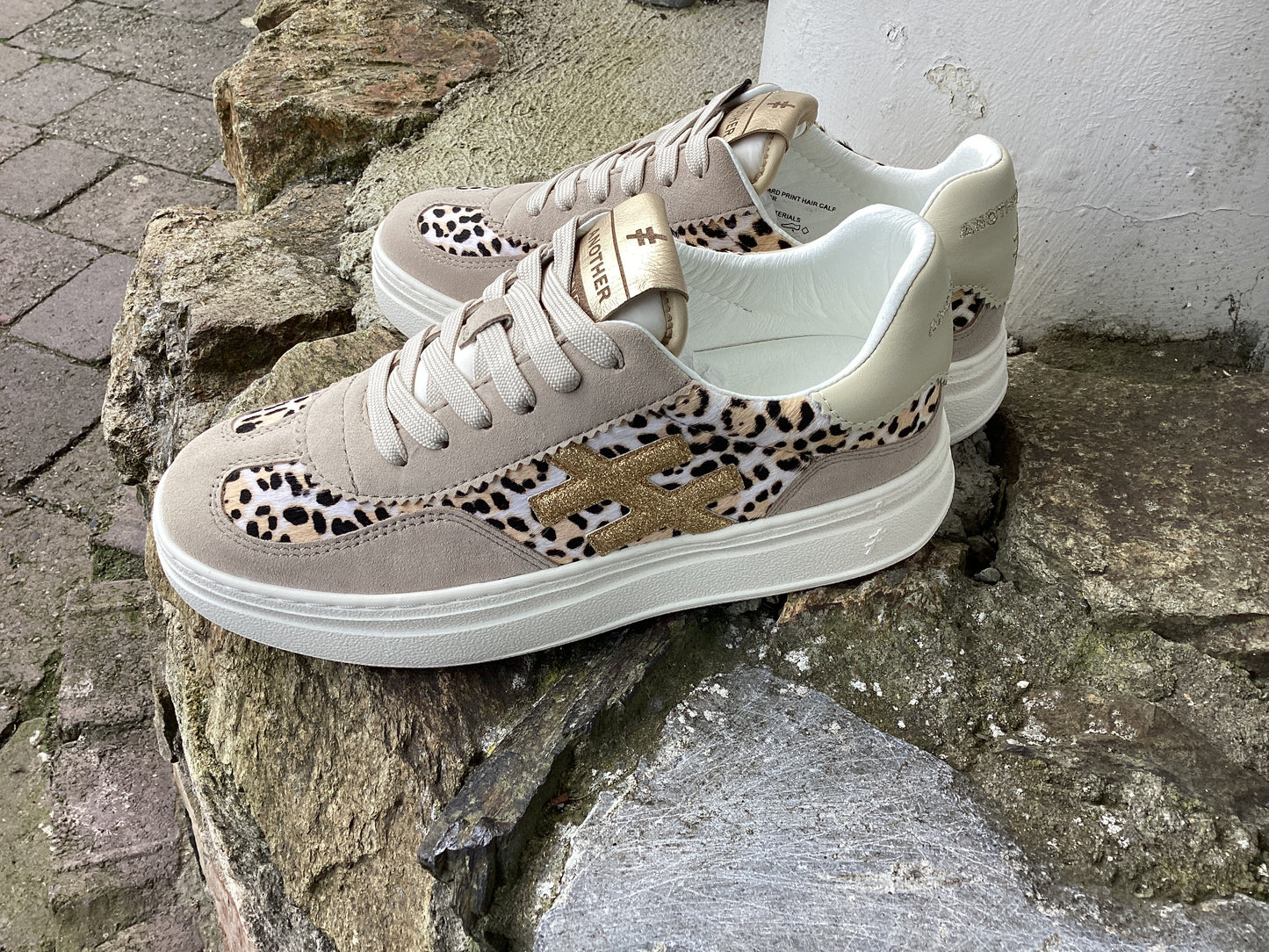 Another Trend A035C253 Off White & Leopard Print Thick Sole Trainers