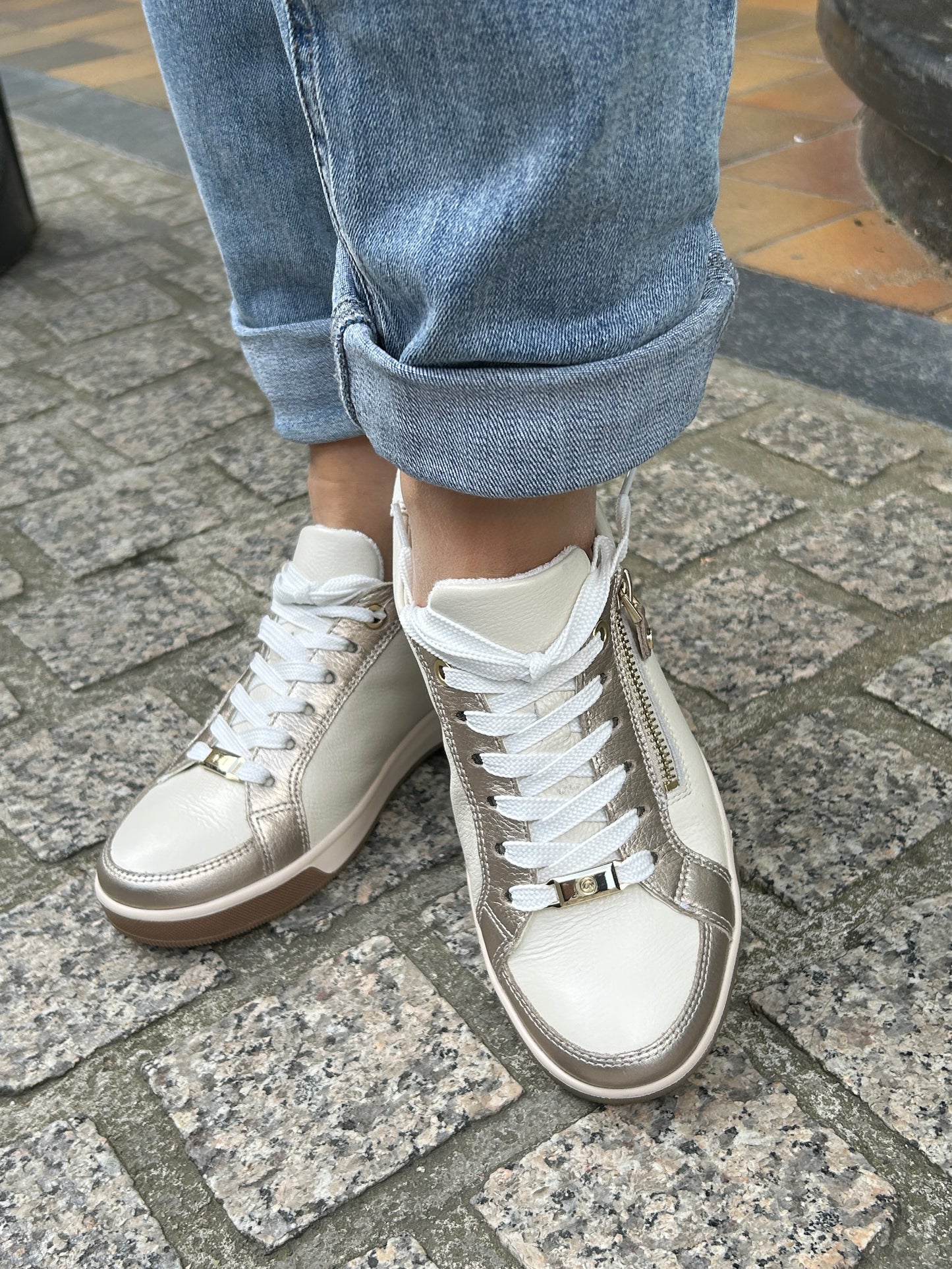 Ara 12-34432 63 Rom-Highsoft G Fit Shell Beige & Gold Trainers with Zip
