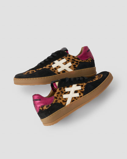 Another Trend A032W4A3 Leopard & Black Trainers with Pink Sparkle Heel