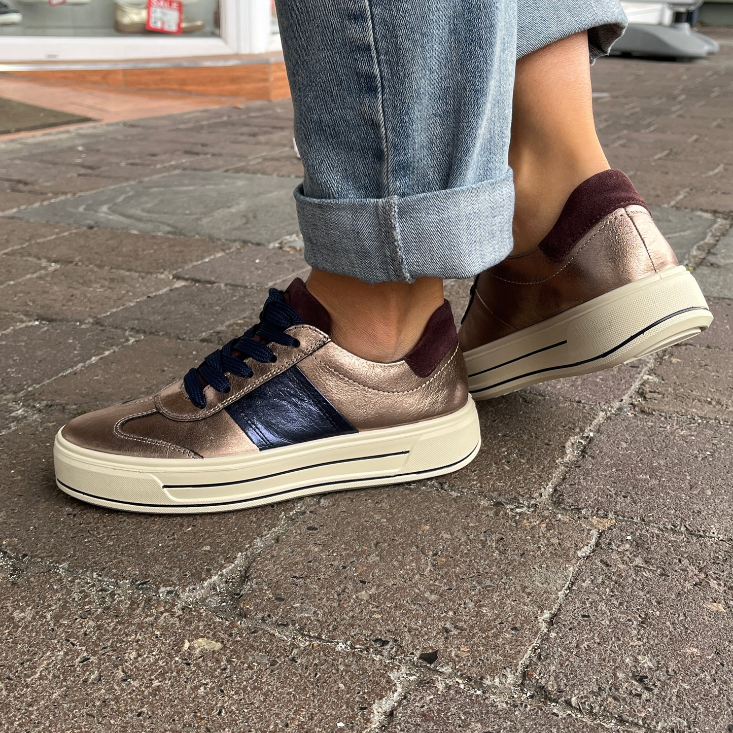 Ara 12-23012 05 Canberra 3.0 H Fit Bronze & Navy Metallic Sneakers with Plum Heel