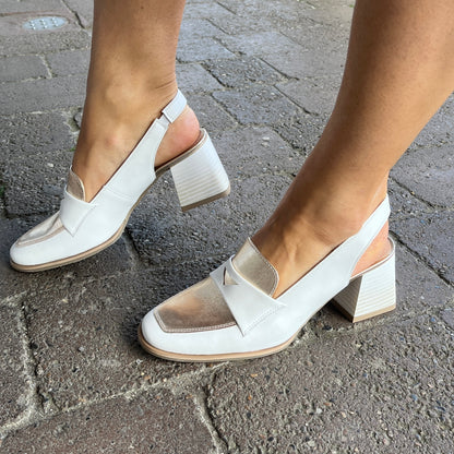 Bioeco by Arka 4175 2022+2646+2772 White Leather Block Heel Slingback Shoes