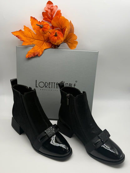 Loretta Vitale C96103 Black Shimmer Ankle Boots with Bow Front