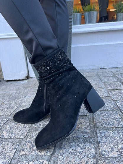 Loretta Vitale C96111 Black Suede with Sparkle Block Heel Boots