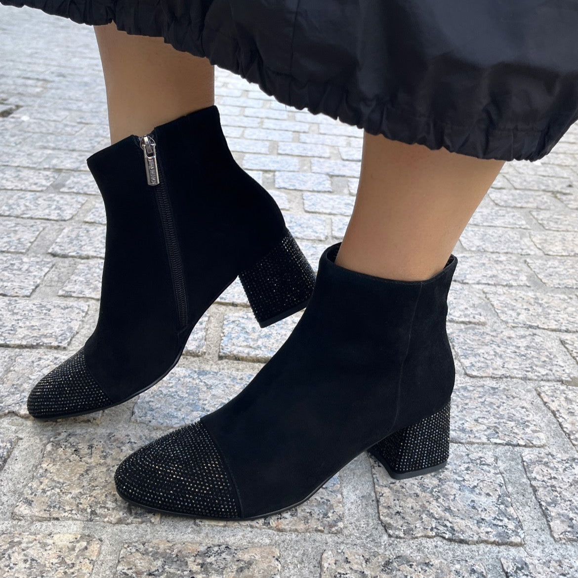 Loretta Vitale C1507 Black Suede & Sparkle Toe & Heel Ankle Boots