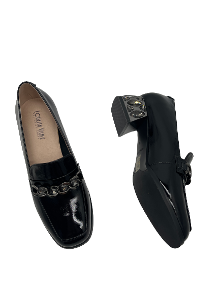 Loretta Vitale B709 Black Patent Block Heel Slip On Shoes