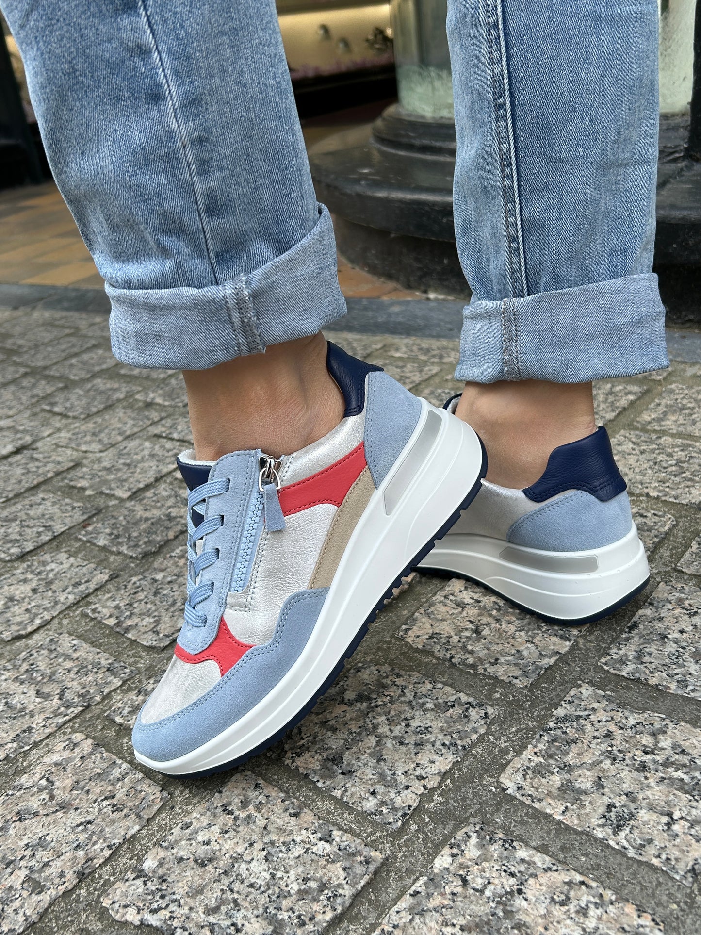 Ara 12-57702 92 Garda H Fit Blue, Silver, Red & Beige Mix Sneakers with Zip