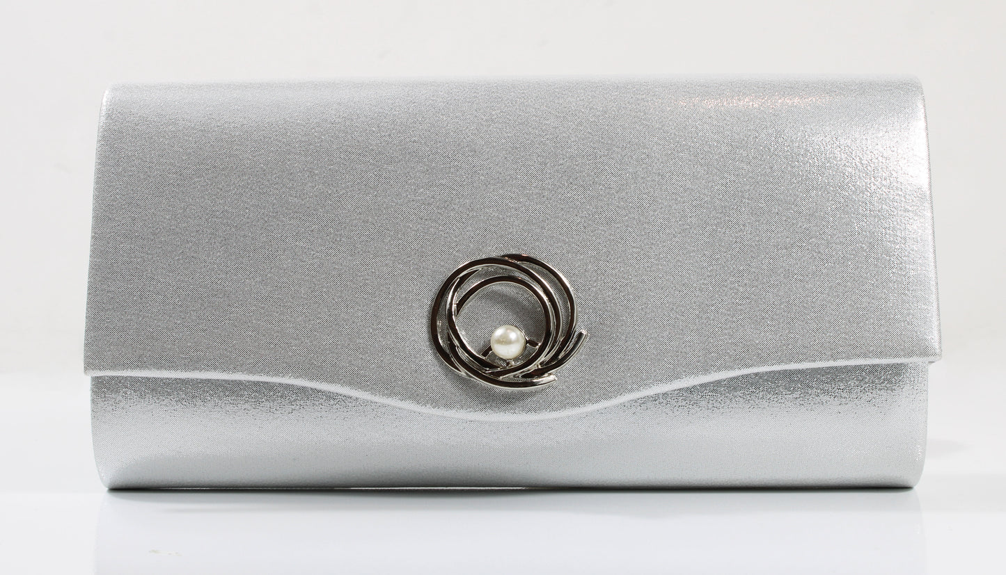 Cocco Ritz BG1036 Silver Met Fabric Pearl Trim Clutch Bag