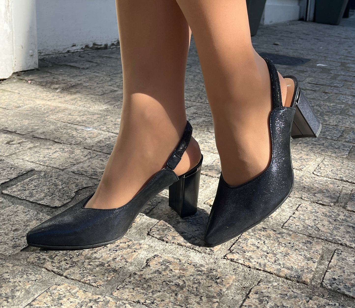 Bioeco by Arka 4186 2558+1290 Navy Shimmer Block Heels with Slingback Strap