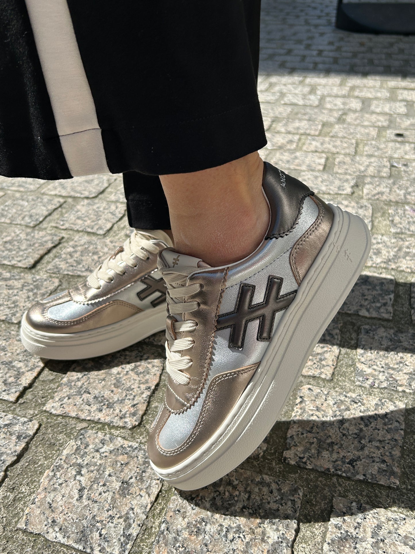 Another Trend A03561E5 Metal Silver & Gold Mix Thick Sole Trainers