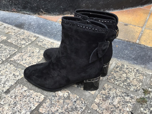 Loretta Vitale C96104 Black Suede Block Heel Boots with Diamonte Top Trim & Bow