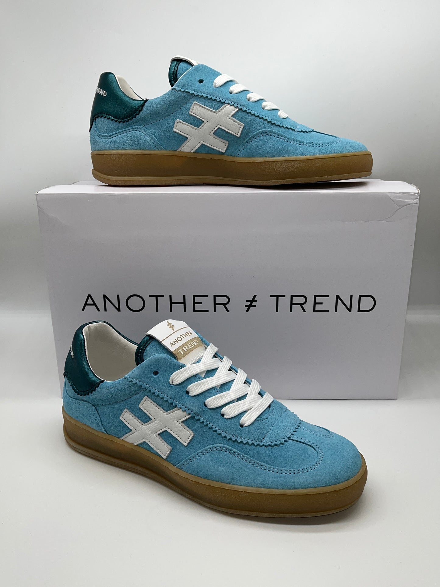 Another Trend A032M367 Light Blue Trainers with White Logo & Teal Heel