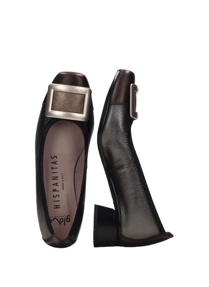 Hispanitas CHI233141 Salma Metallic Bronzo, Basalt & Oro Viejo Combi Block Heel Pumps
