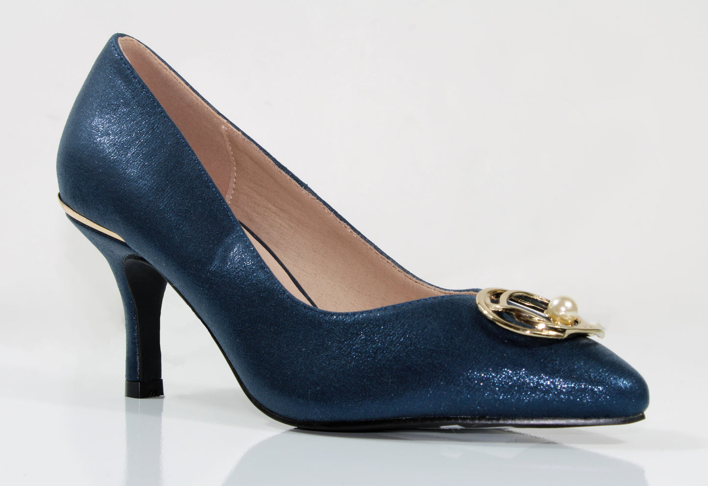 Cocco Ritz Coco1036 Navy Met Fabric Pearl Trim Medium Heel Court Shoe
