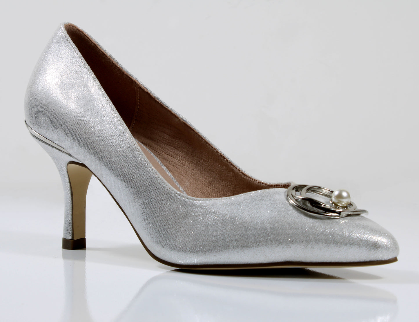 Cocco Ritz Coco1036 Silver Met Fabric Pearl Trim Medium Heel Court Shoe