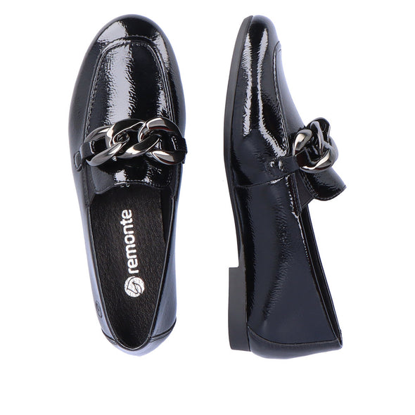 Remonte D0K00-01 Black Patent Slip On Loafers with Chain
