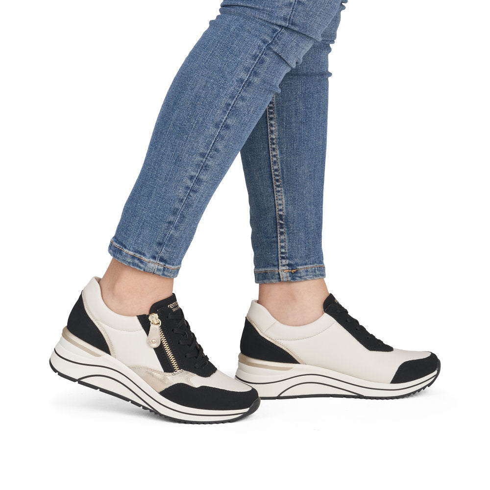 Remonte D0T01-03 Black, Off White & Gold H Fit Sneakers with Zip
