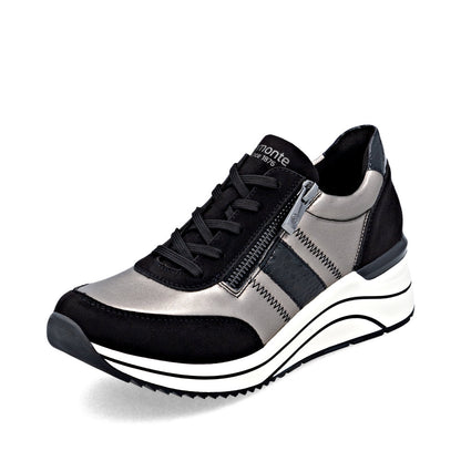 Remonte D0T09-90 Black & Metallic H Fit Sneakers with Zip