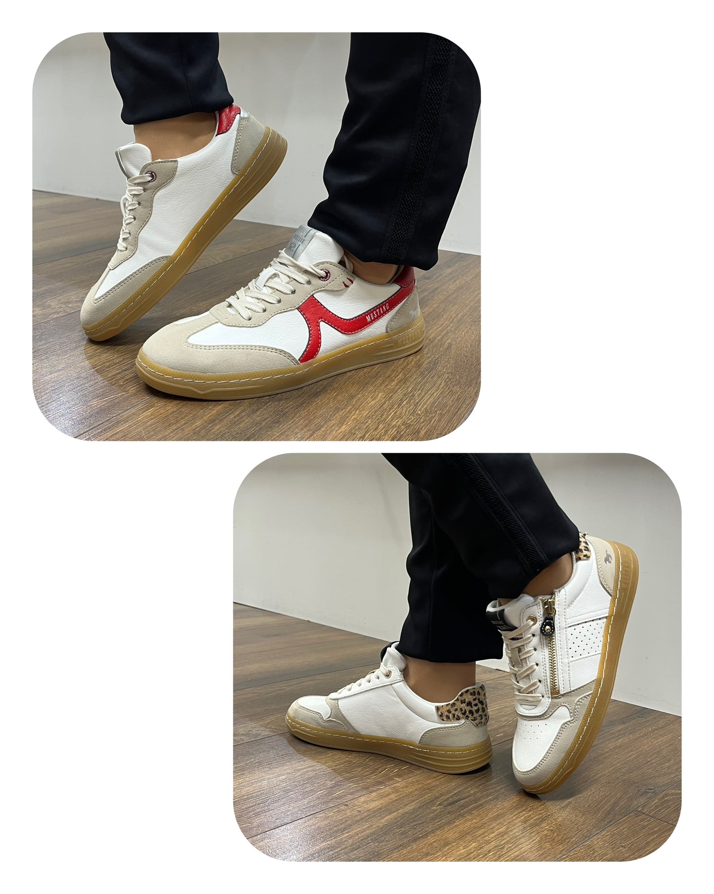 Mustang 1511-303-015 White & Beige Lace Trainers with Red Trim