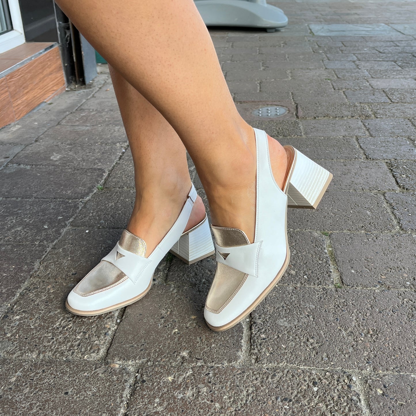 Bioeco by Arka 4175 2022+2646+2772 White Leather Block Heel Slingback Shoes