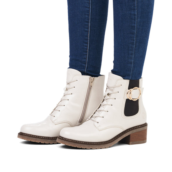 Remonte D1A72-80 Off White Patent Combi Boots with Block Heel