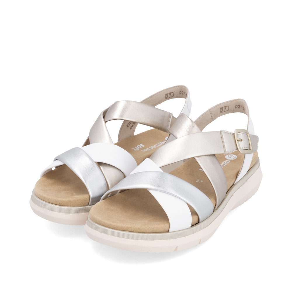 Remonte D2K53-91 White, Pale Gold & Light Brass Combi Sandals with Slingback Strap