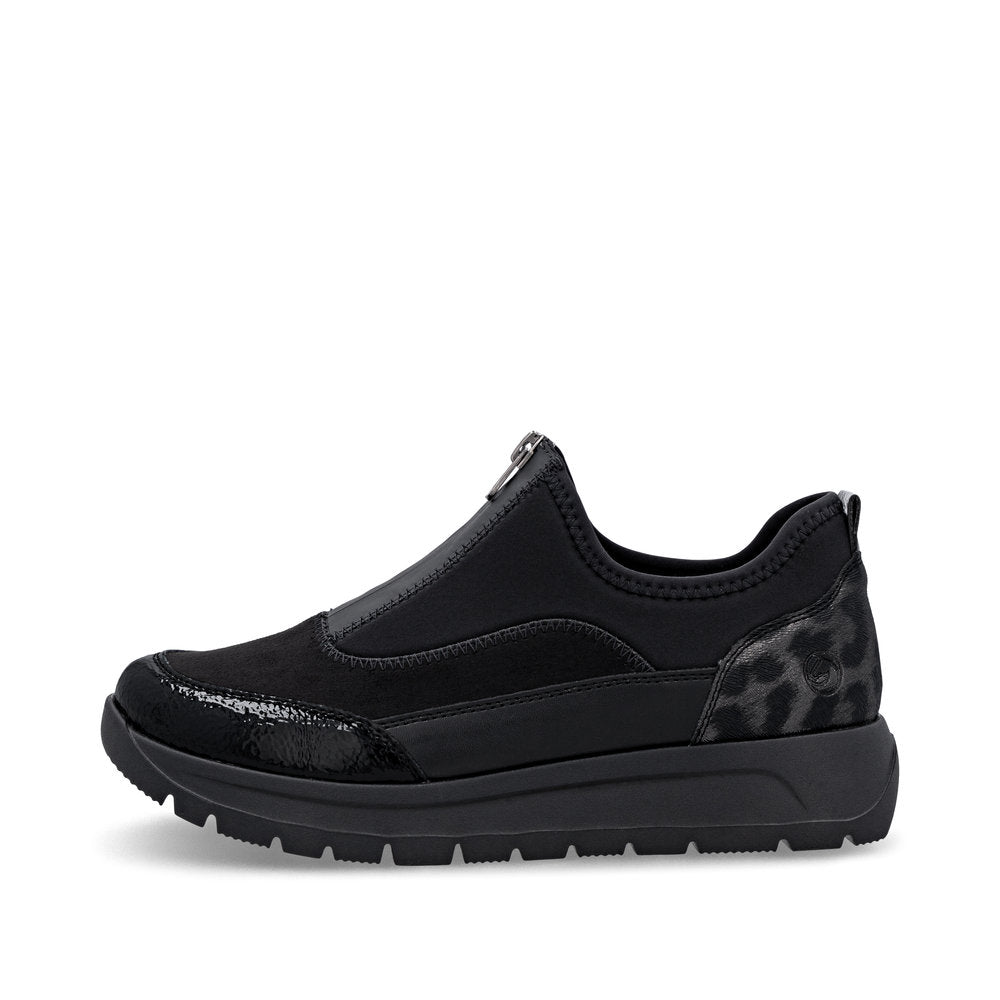 Remonte D2V01-04 Black Front Zip Sneakers with Leopard Print Heel