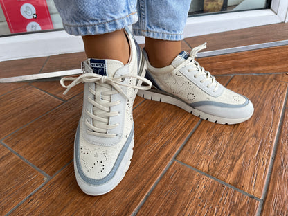 Pikolinos CANTABRIA W4R-6622C2 Nata Espum Cream & Blue Combi Shoes with Lace & Side Zip