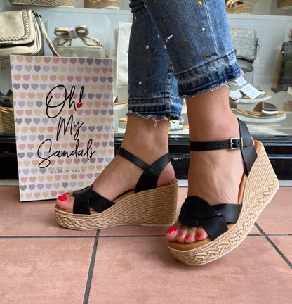 Oh My Sandals 5460 Black Twist Wedge Sandals