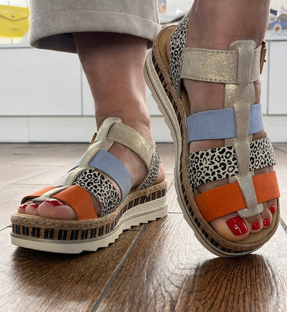 Rieker V7904-90 Nude, Leopard, Orange & Blue E 1/2 Fit Sandals with Slingback Strap