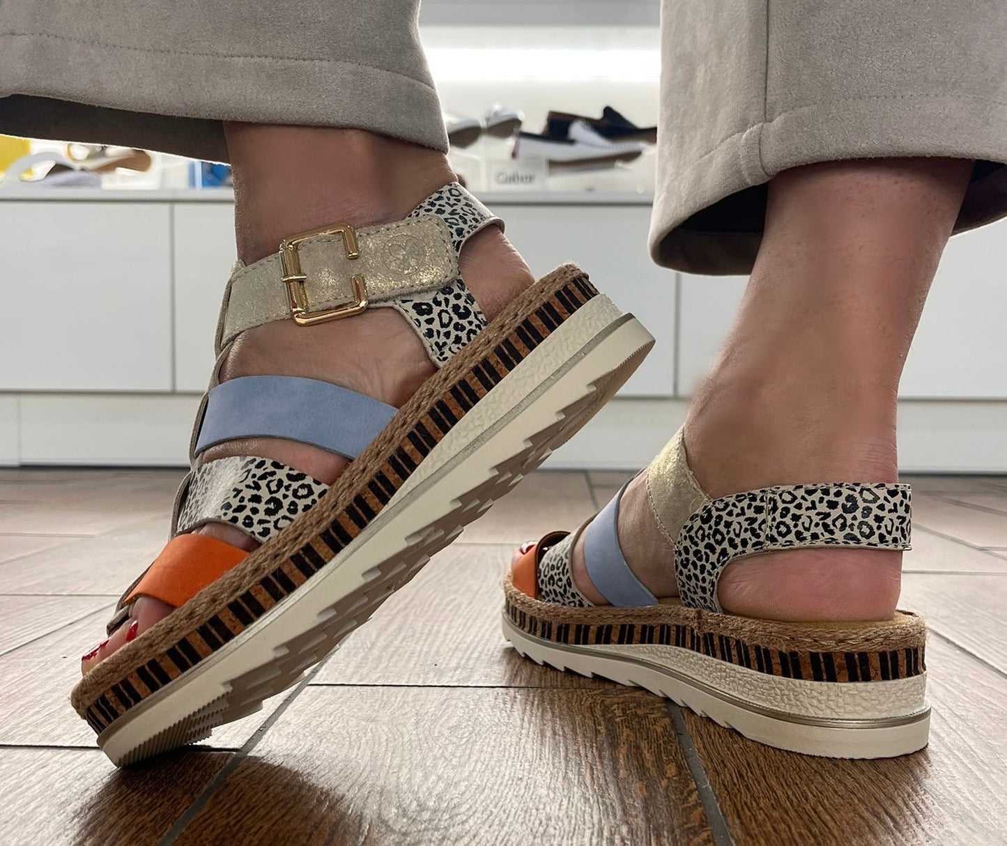 Rieker V7904-90 Nude, Leopard, Orange & Blue E 1/2 Fit Sandals with Slingback Strap