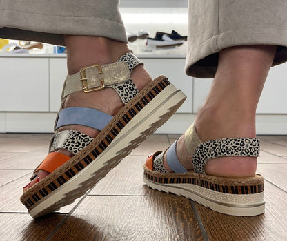 Rieker V7904-90 Nude, Leopard, Orange & Blue E 1/2 Fit Sandals with Slingback Strap