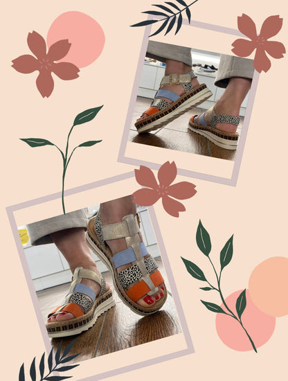 Rieker V7904-90 Nude, Leopard, Orange & Blue E 1/2 Fit Sandals with Slingback Strap