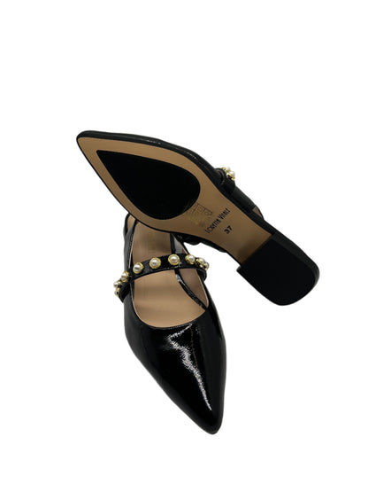 Loretta Vitale C9619 Black Patent Slingback Shoes with Pearl Strap