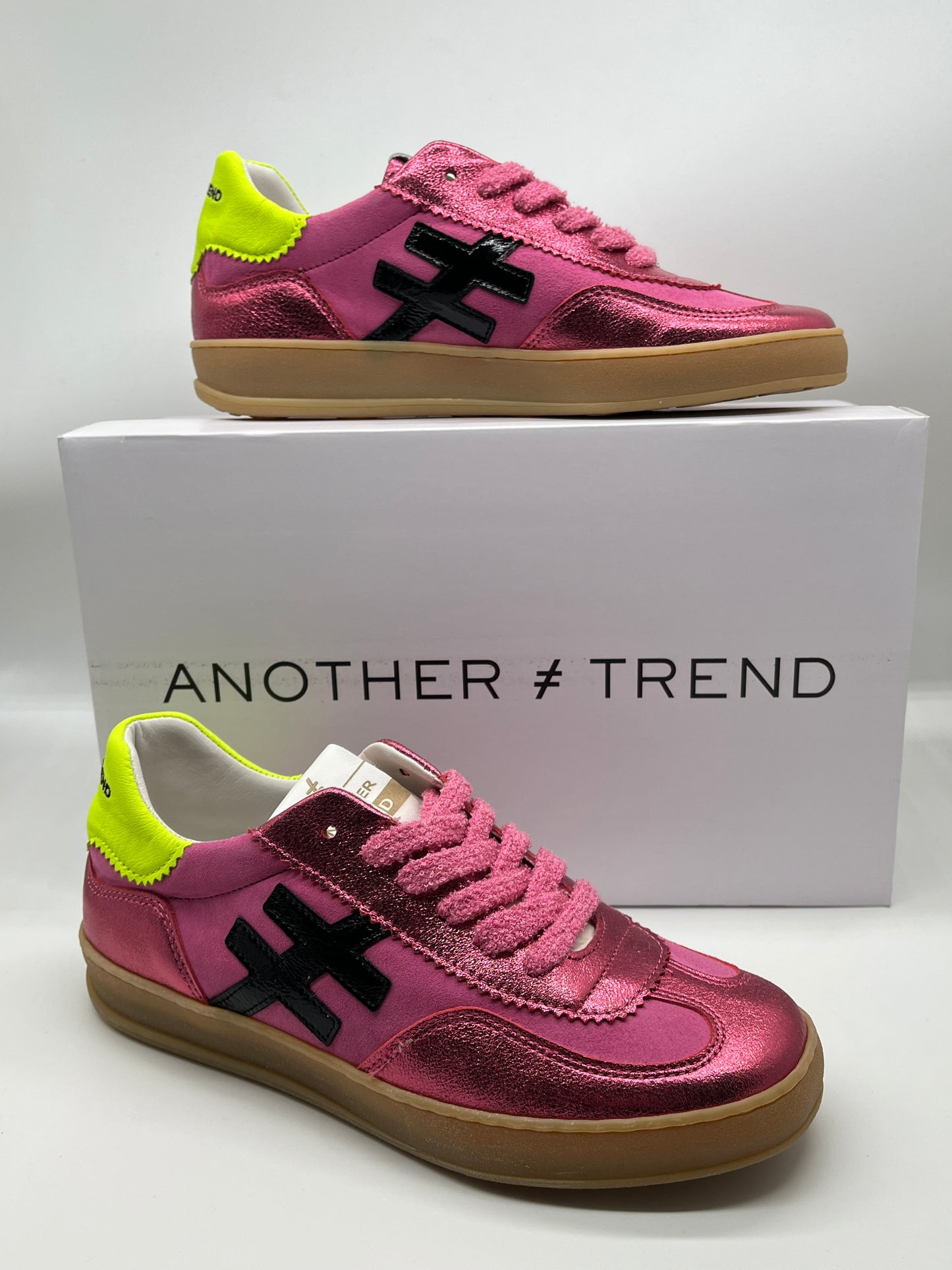 Another Trend A03276C6 Carmesi Pink & Pink Sparkle Trainers with Neon Heel