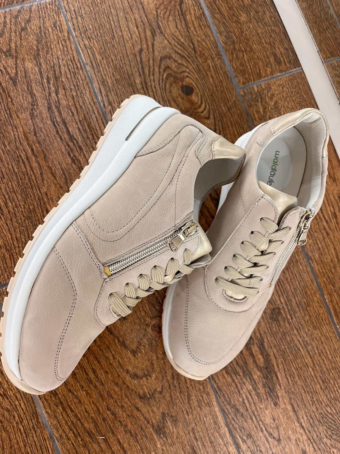 Waldlaufer 928002 201 095 H Inessa H Fit Beige Nubuck & Light Gold Trainers with Zip