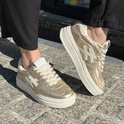 Another Trend A0352643 Platino Gold & Cream Trim Thick Sole Trainers