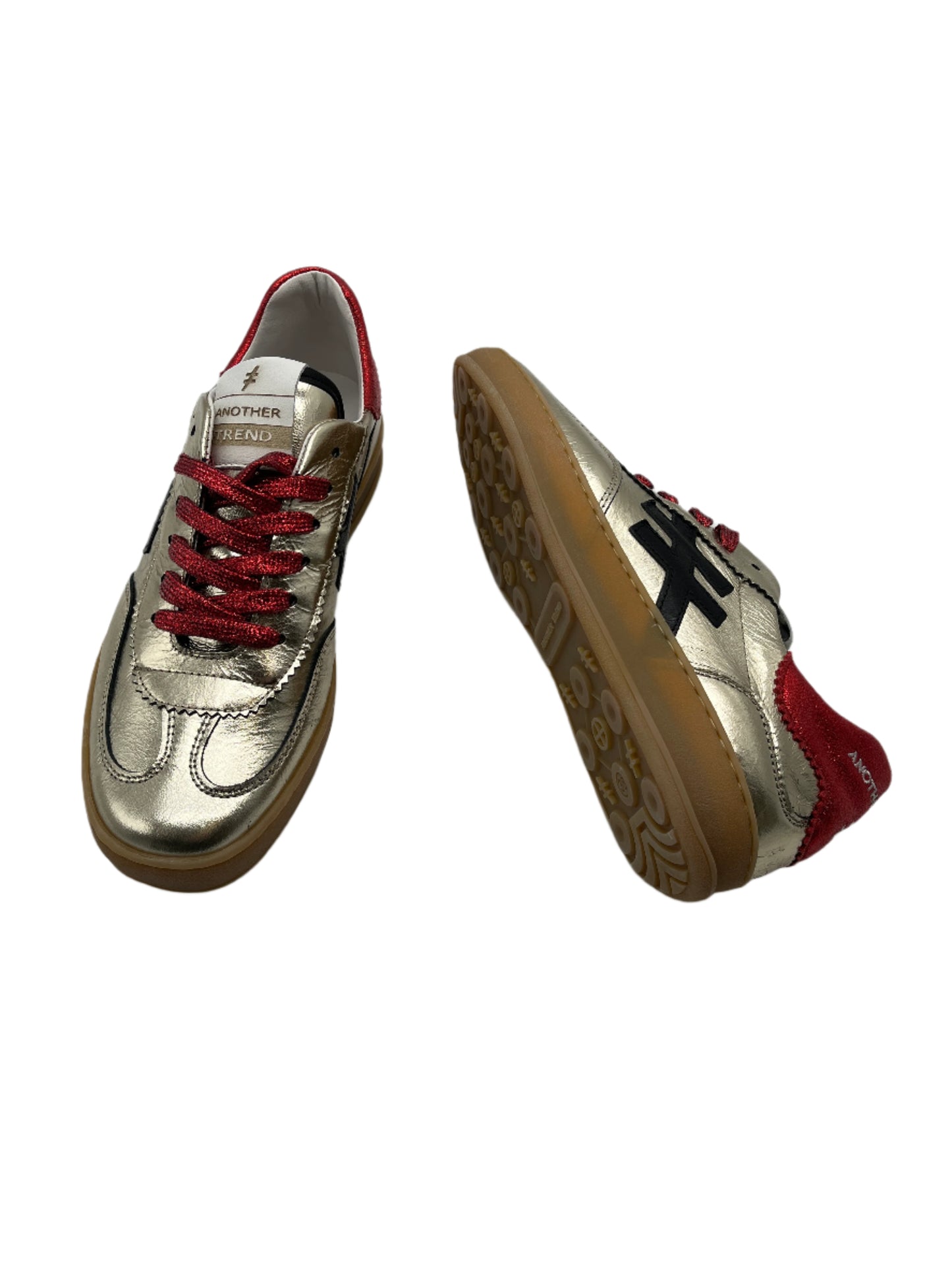 Another Trend A0325878 Platino + Rojo Gold Trainers with Red Heel, Red Laces & Black Logo