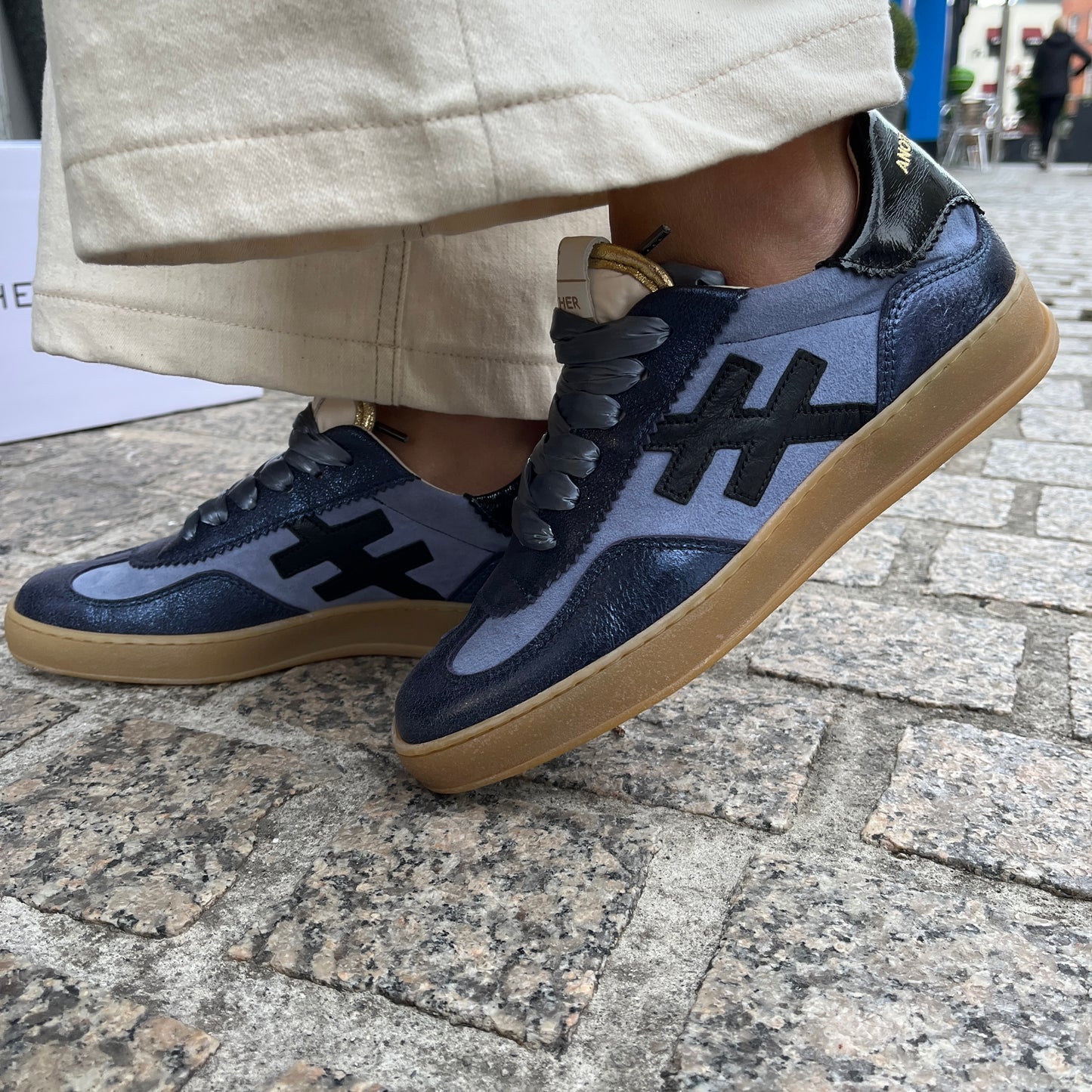 Another Trend A03276C8 Avalon Sky Blue Suede, Blue Sparkle & Black Back Trainers with Gold Trim
