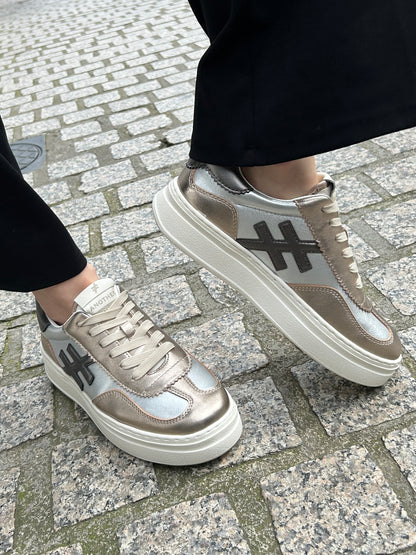 Another Trend A03561E5 Metal Silver & Gold Mix Thick Sole Trainers