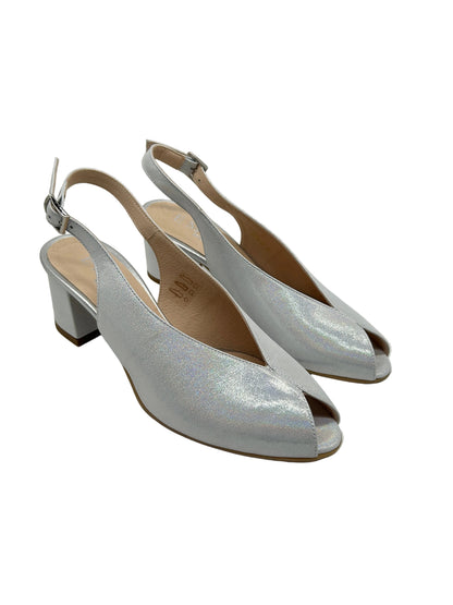 Emis S7372/F0320 553 Silver Slingback Block Heels with Peep Toe