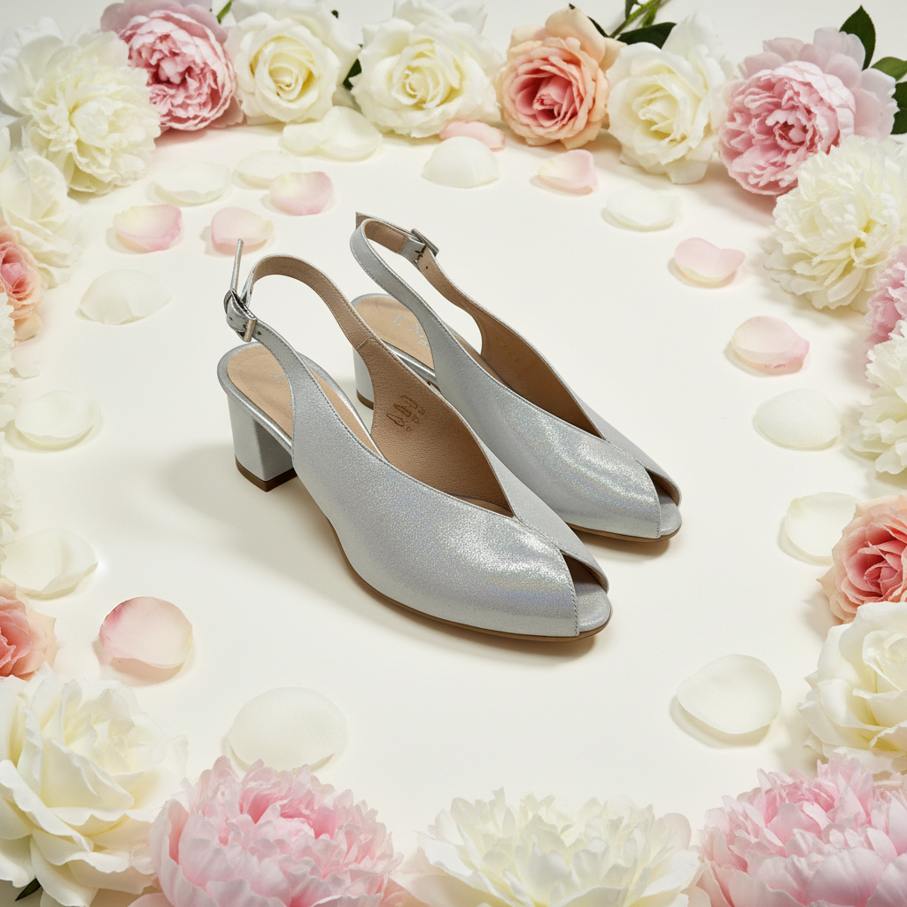 Emis S7372/F0320 553 Silver Slingback Block Heels with Peep Toe