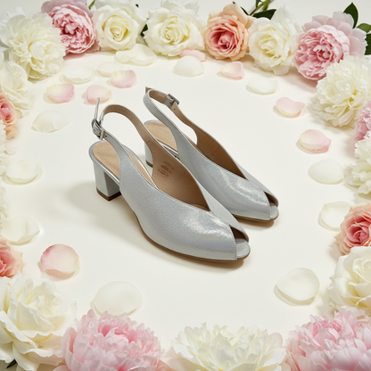 Emis S7372/F0320 553 Silver Slingback Block Heels with Peep Toe