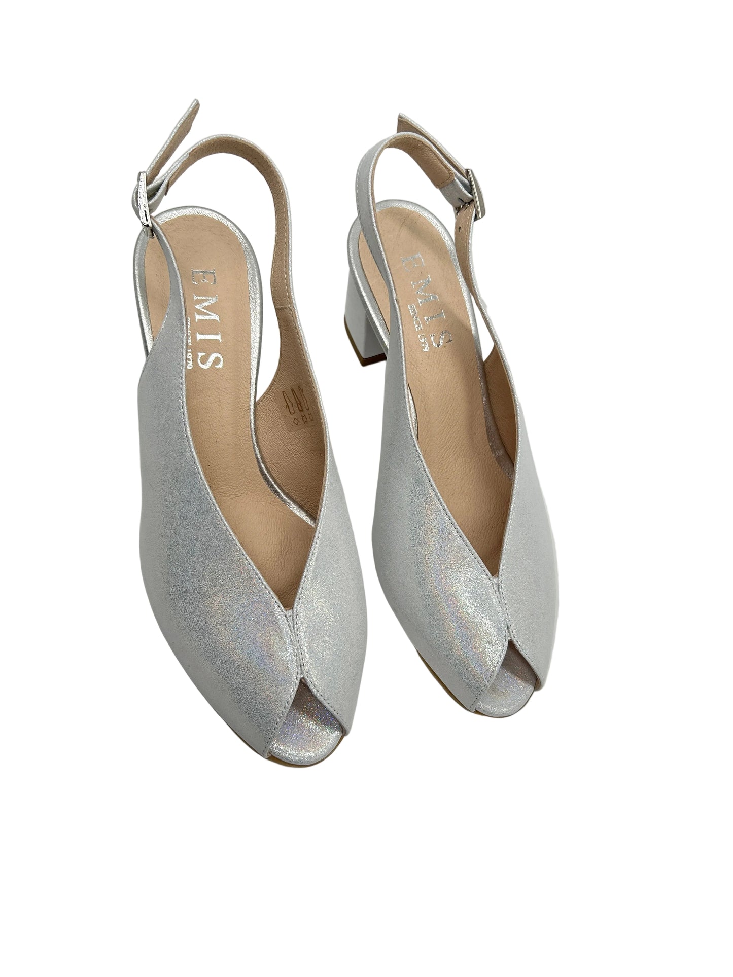 Emis S7372/F0320 553 Silver Slingback Block Heels with Peep Toe