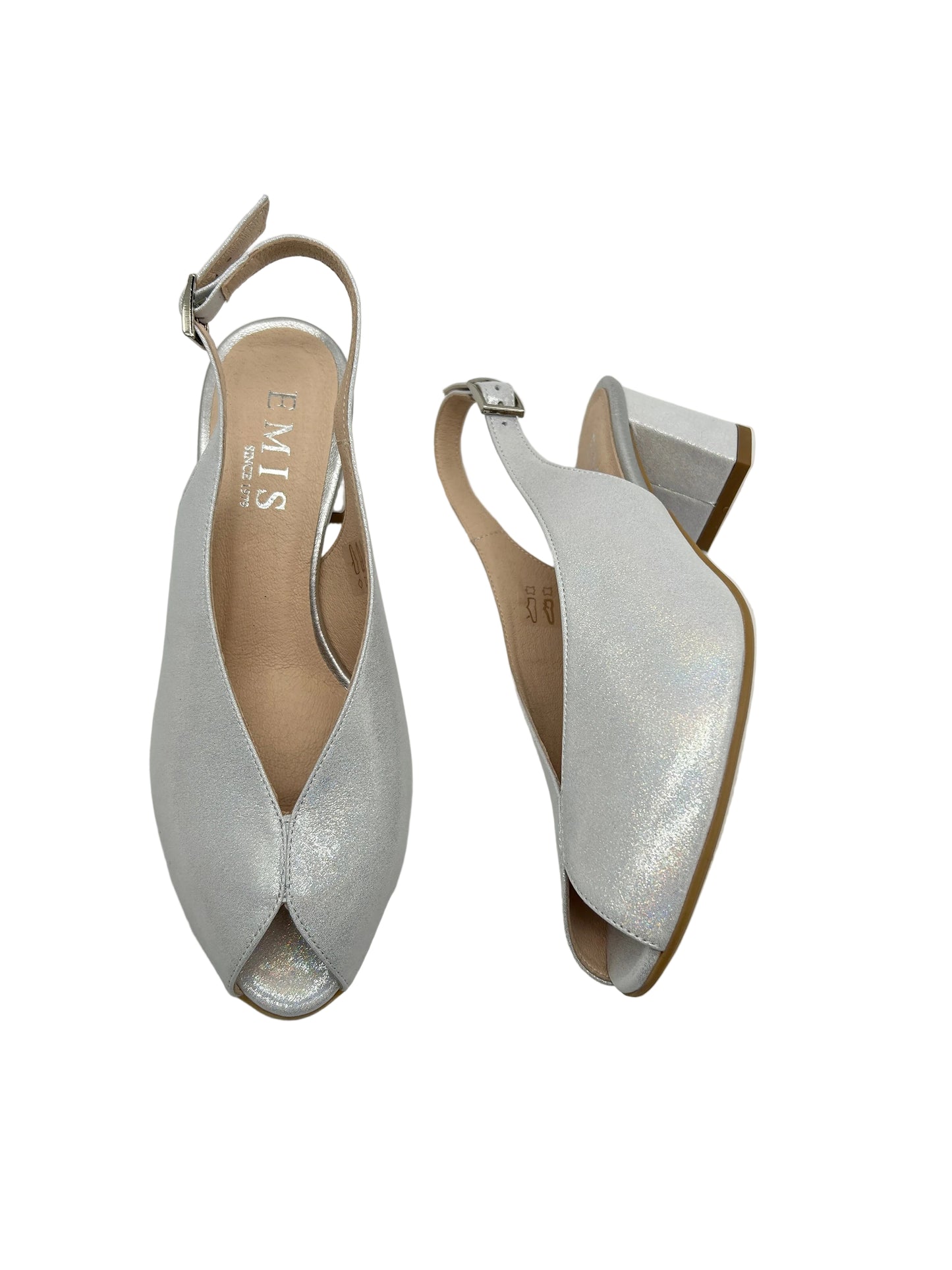 Emis S7372/F0320 553 Silver Slingback Block Heels with Peep Toe