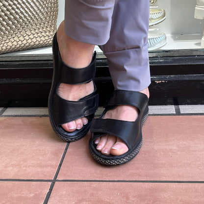 Zuekoos 101 Siyah Bolonia Black Slip On Sandals with 2 Velcro Straps