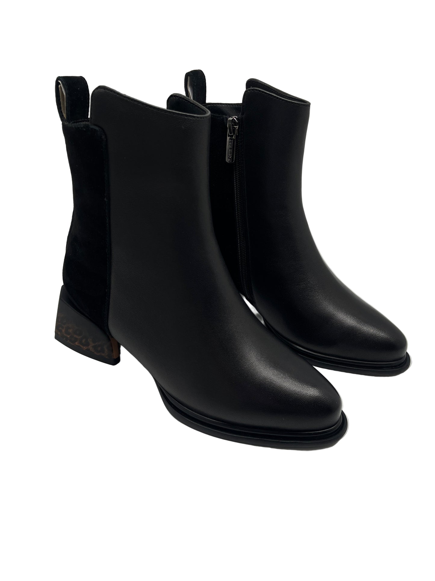 Loretta Vitale C4605 Black Leather & Suede Leopard Print Heel Ankle Boots