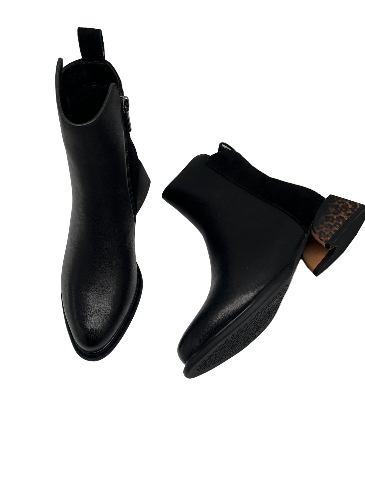Loretta Vitale C4605 Black Leather & Suede Leopard Print Heel Ankle Boots